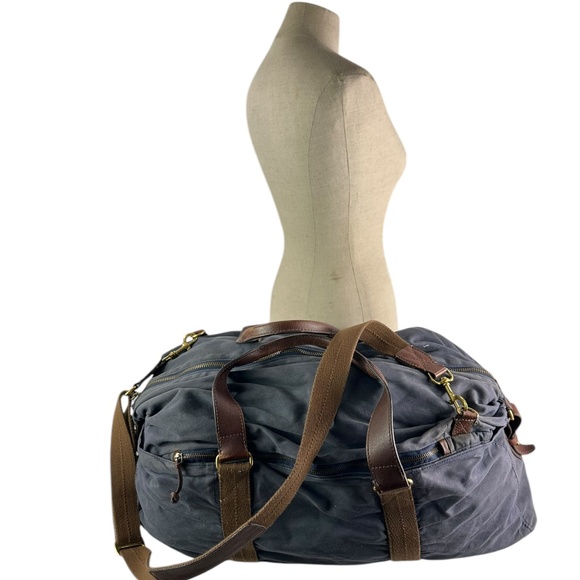 HTF Genuine J CREW Abingdon Weekender Navy Blue Waxed Canvas Leather Duffle Bag - Picture 11 of 13